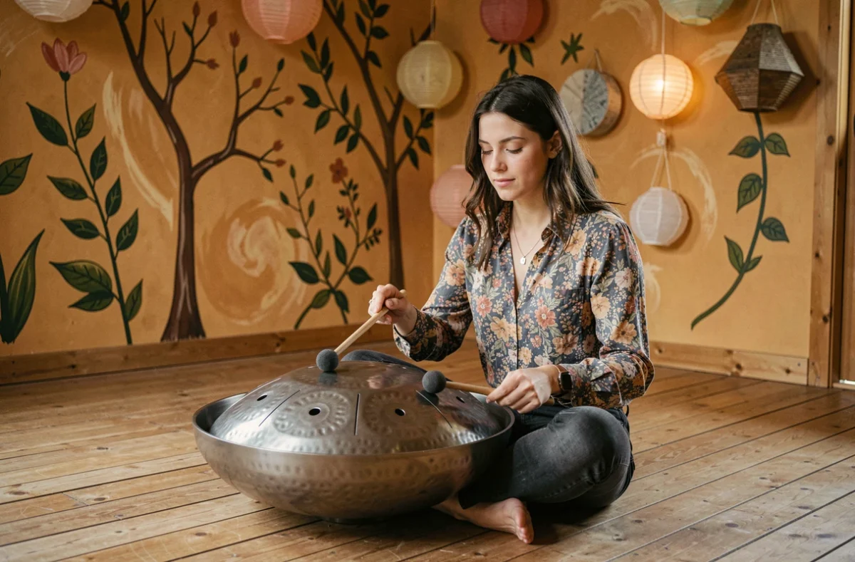 Une jeune femme jouant d'un steel tongue drum dans une salle décorée de motifs naturels à l'École de musique Le Hang Art - La Roche aux Fées en Bretagne