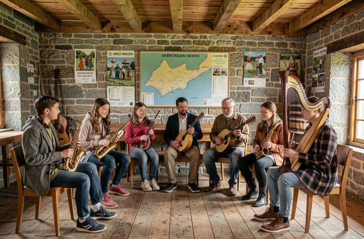 Un groupe intergénérationnel jouant de la bombarde, du biniou et de la harpe celtique dans une salle en pierre de l'École de musique intercommunale du Kreiz Breizh au cœur de la Bretagne