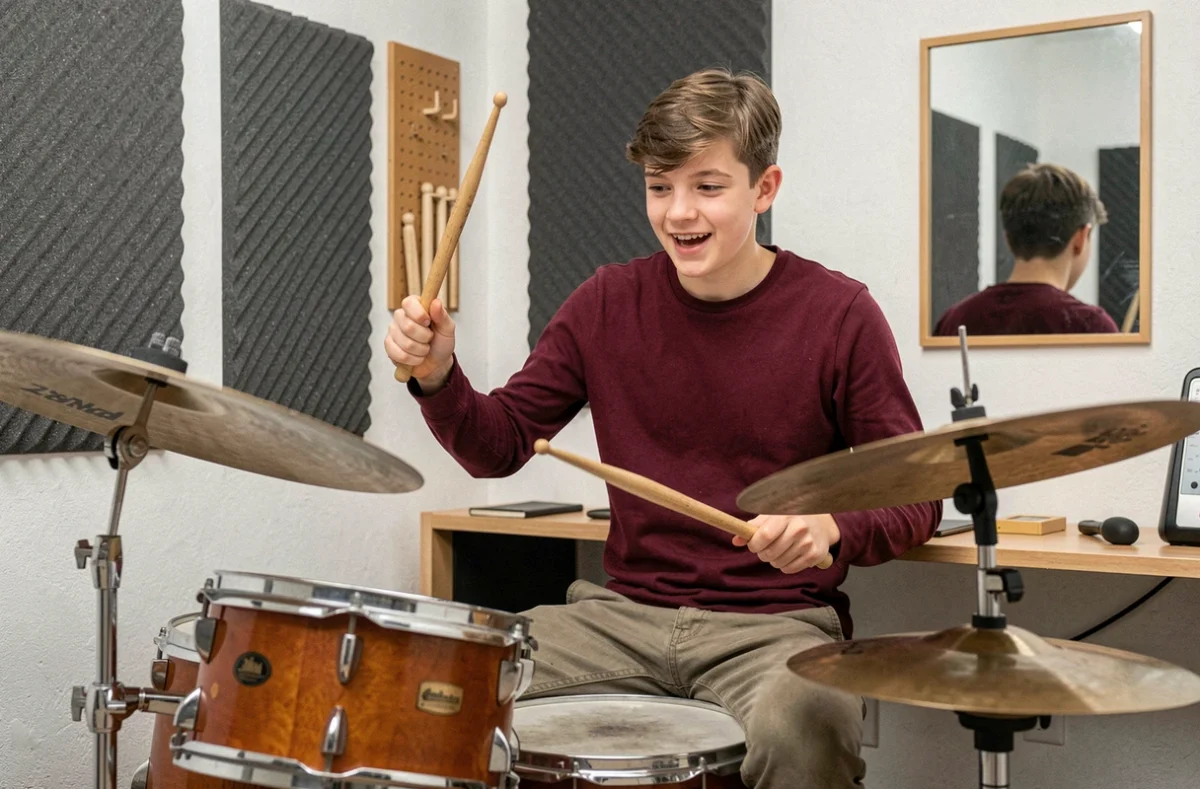 Un adolescent jouant de la batterie dans une salle insonorisée de l'École de Musique de Liffré/Cormier Communauté, baguettes levées avec une expression concentrée
