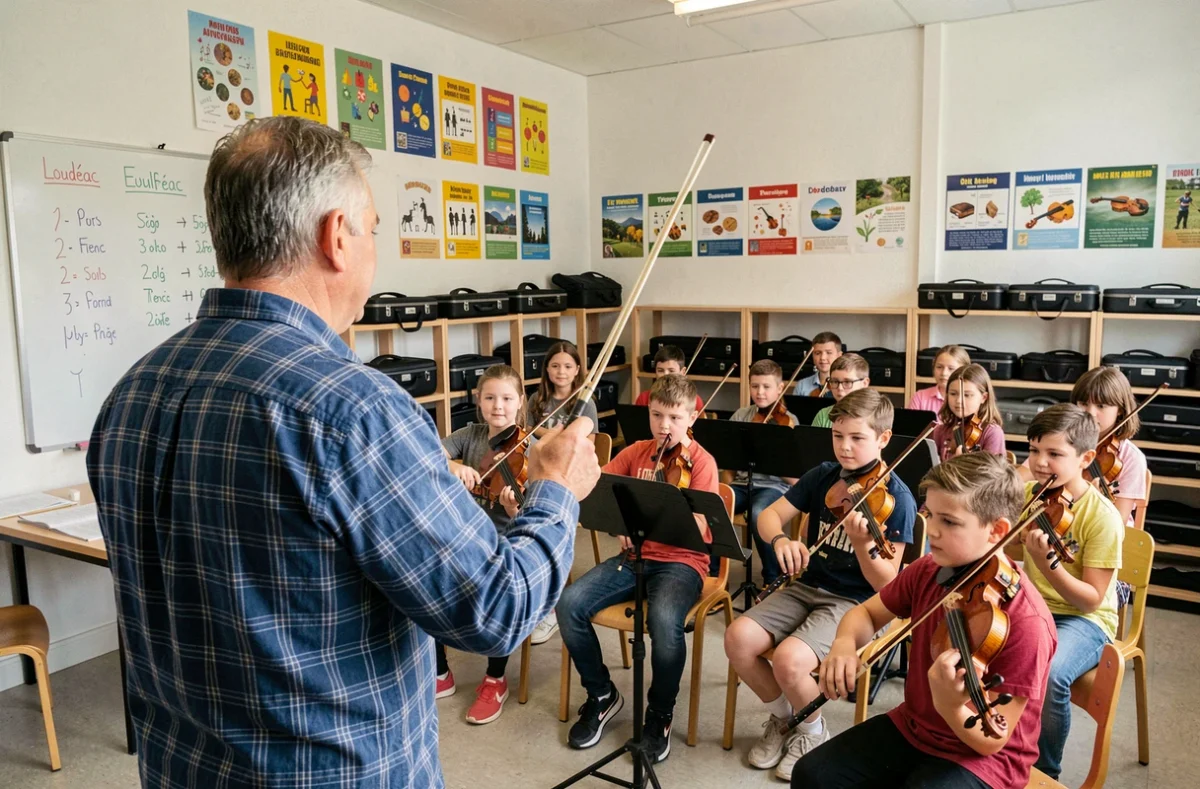 Un professeur d'une cinquantaine d'années dirigeant un groupe d'enfants jouant des cordes et des flûtes dans une salle de cours de l'École de musique de Loudéac Communauté en Bretagne