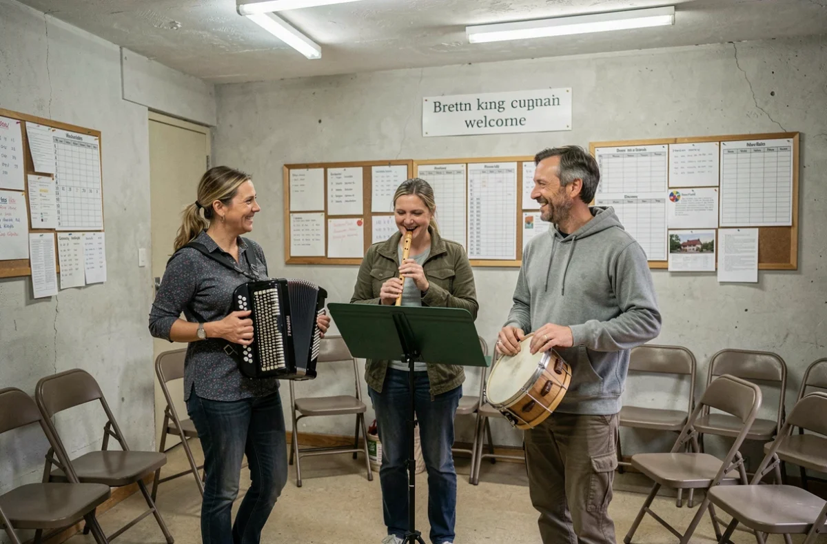 Trois adultes jouant de l'accordéon, de la flûte irlandaise et d'un tambour lors d'un cours collectif à l'École de musique intercommunale du Mené dans une salle communautaire bretonne