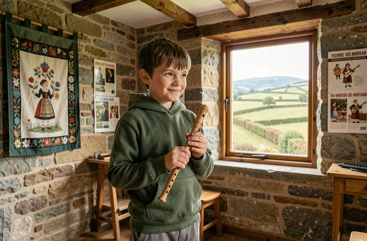 Un jeune garçon tenant une flûte à bec dans une salle aux murs en pierre de l'École de musique du Pays du Roi Morvan, avec une vue sur la campagne bretonne par la fenêtre