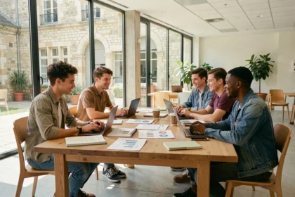 Étudiants en école de commerce en Nouvelle-Aquitaine travaillant ensemble dans un espace moderne