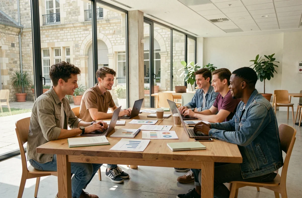 Étudiants en école de commerce en Nouvelle-Aquitaine travaillant ensemble dans un espace moderne