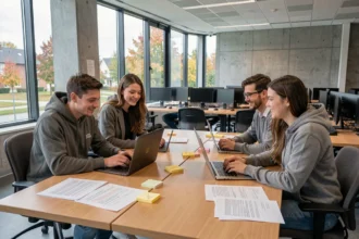 Étudiants en informatique collaborant autour d'ordinateurs dans un campus universitaire en Seine-et-Marne