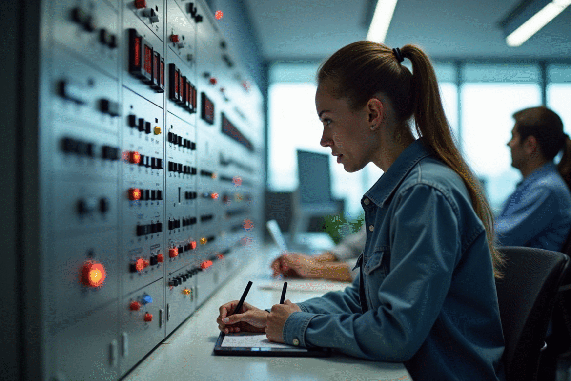 Étudiant analysant un panneau de commande industriel avec notes