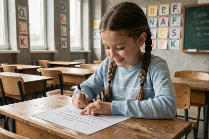 Élève de CE1 lisant un texte adapté à son niveau sur une feuille de papier posée sur un bureau en bois dans une salle de classe
