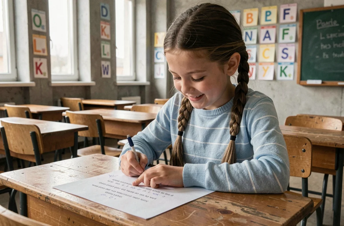 Élève de CE1 lisant un texte adapté à son niveau sur une feuille de papier posée sur un bureau en bois dans une salle de classe