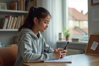 Adolescente consultant l'ENT college78 sur son smartphone depuis sa chambre