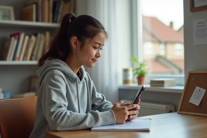 Adolescente consultant l'ENT college78 sur son smartphone depuis sa chambre