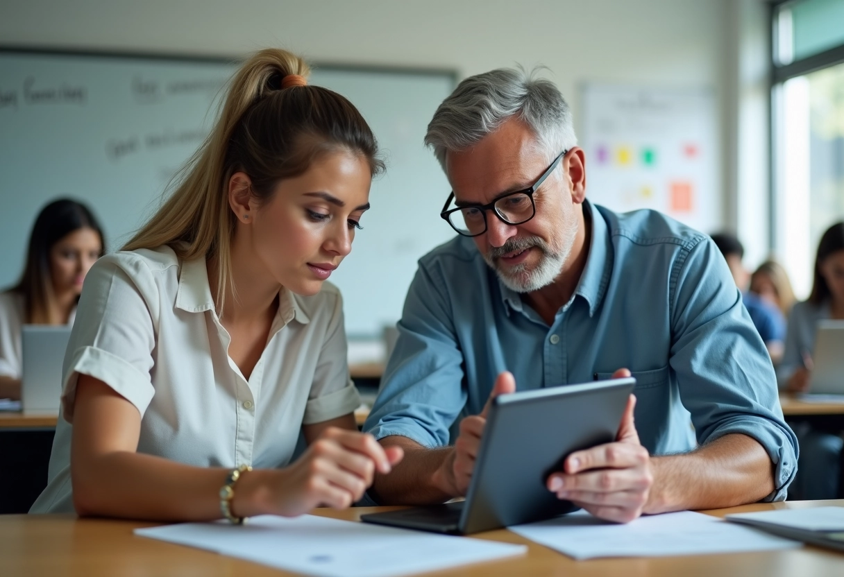 Enseignant mature discutant avec un étudiant en formation