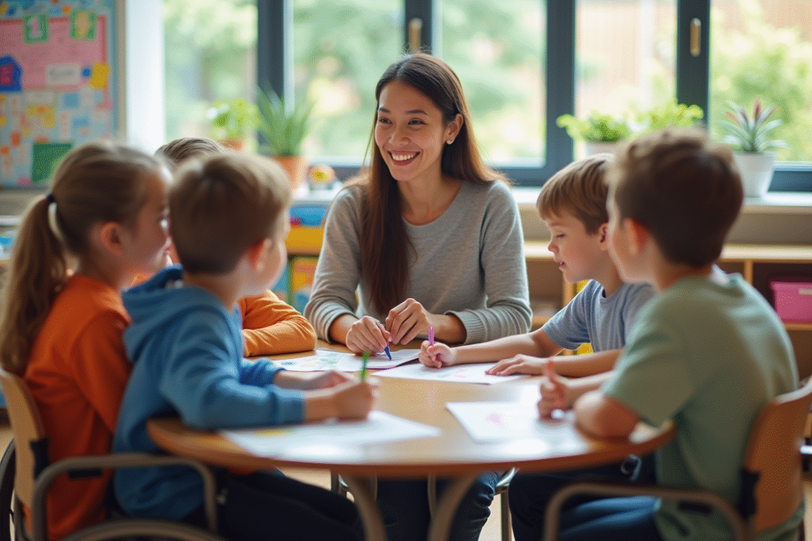 Professeur attentionne avec enfants en classe colorée