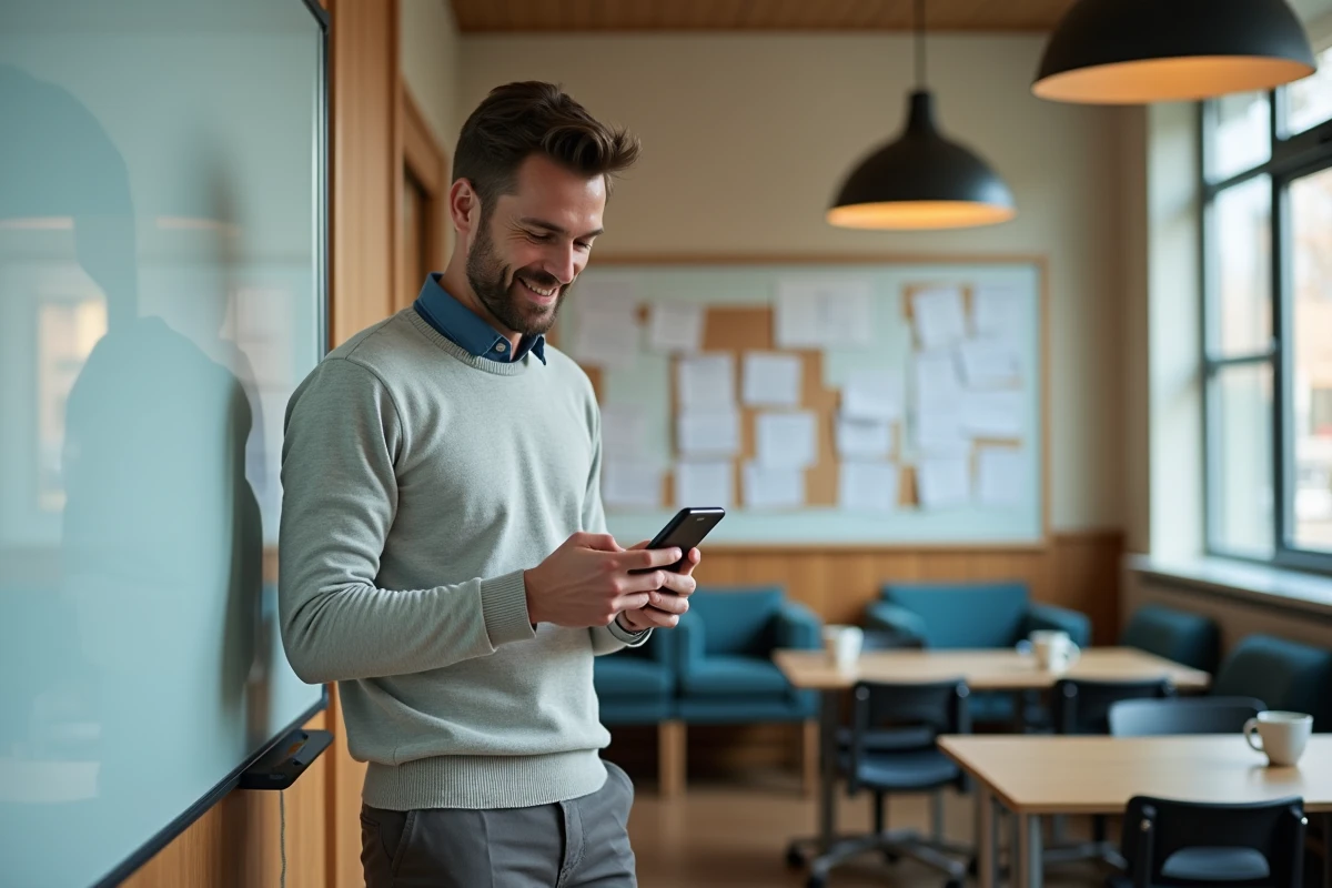 Enseignant souriant dans la salle de repos avec tableau interactif