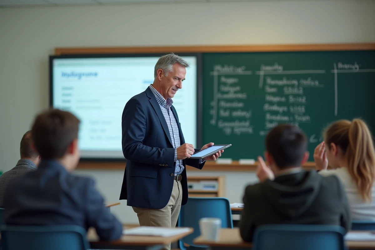 Professeur montrant une application sur tablette en classe