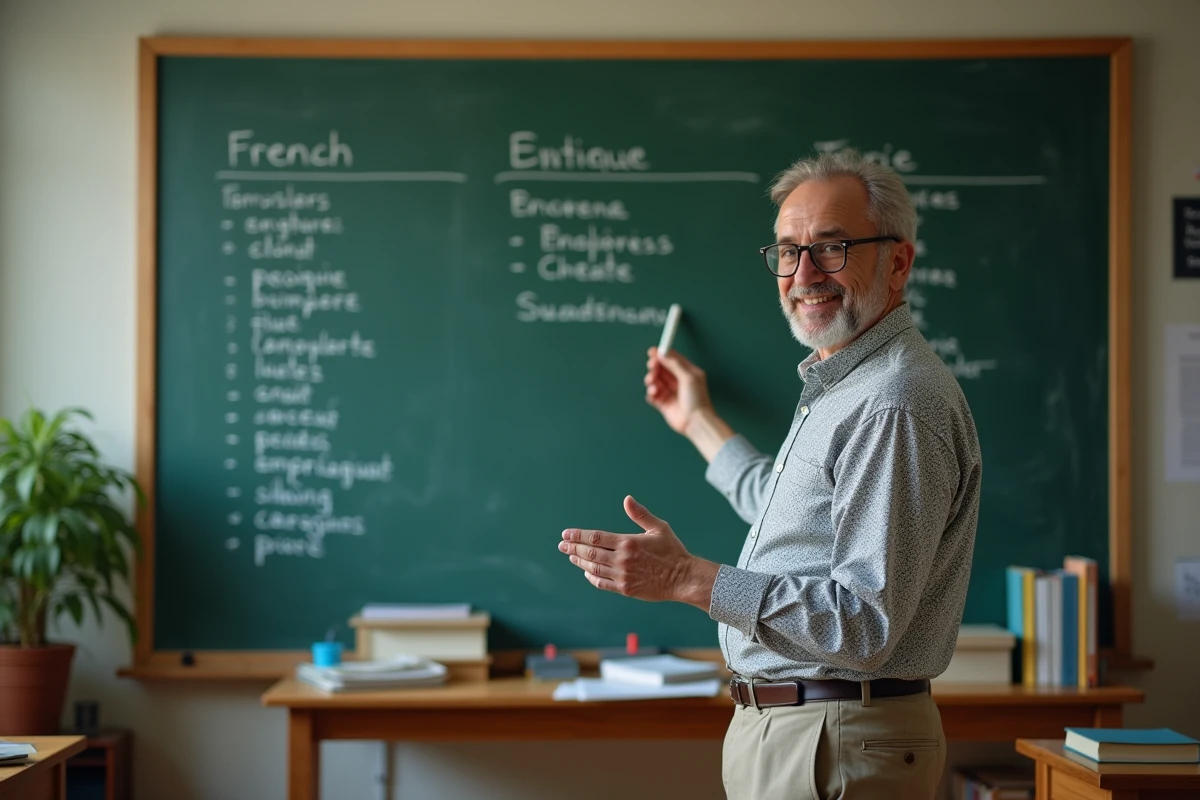 Professeur expliquant des verbes français sur un tableau noir
