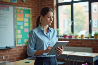 Enseignante utilisant l'application Ecole Direct sur tablette dans une salle de classe moderne