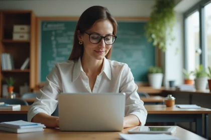Professeure assise à un bureau moderne avec ordinateur et papiers