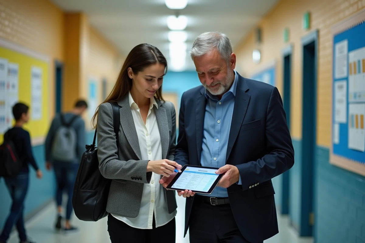 Deux enseignants collaborant sur l'application mobile Ecole Direct dans un couloir d'école