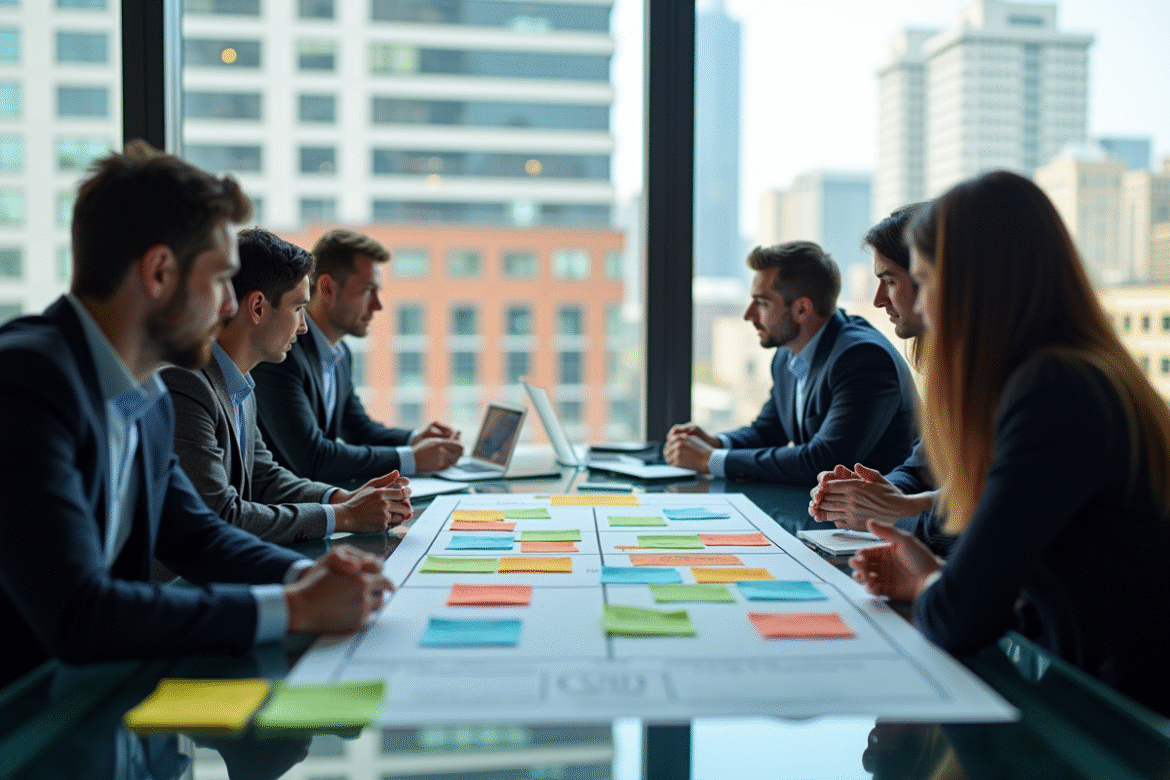 Équipe d'affaires autour d'une table moderne analysant une matrice SWOT colorée