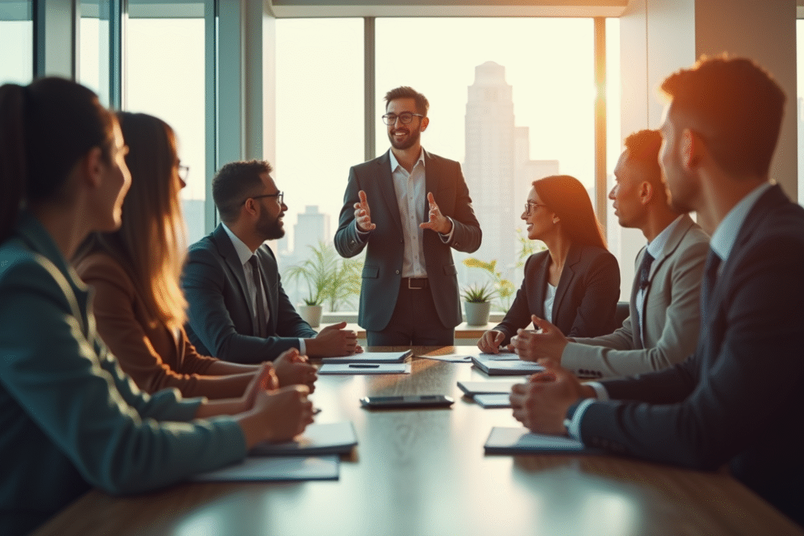 Groupe de professionnels en réunion dans un bureau lumineux