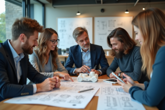 Groupe divers d'adultes en réunion autour de plans et prototypes