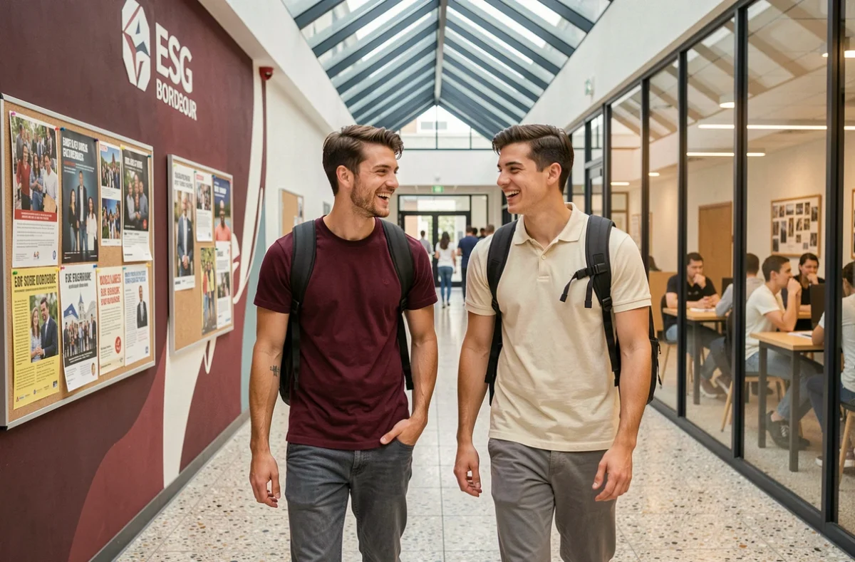 Deux étudiants marchant dans le couloir de l'ESG Bordeaux pendant leur journée de cours