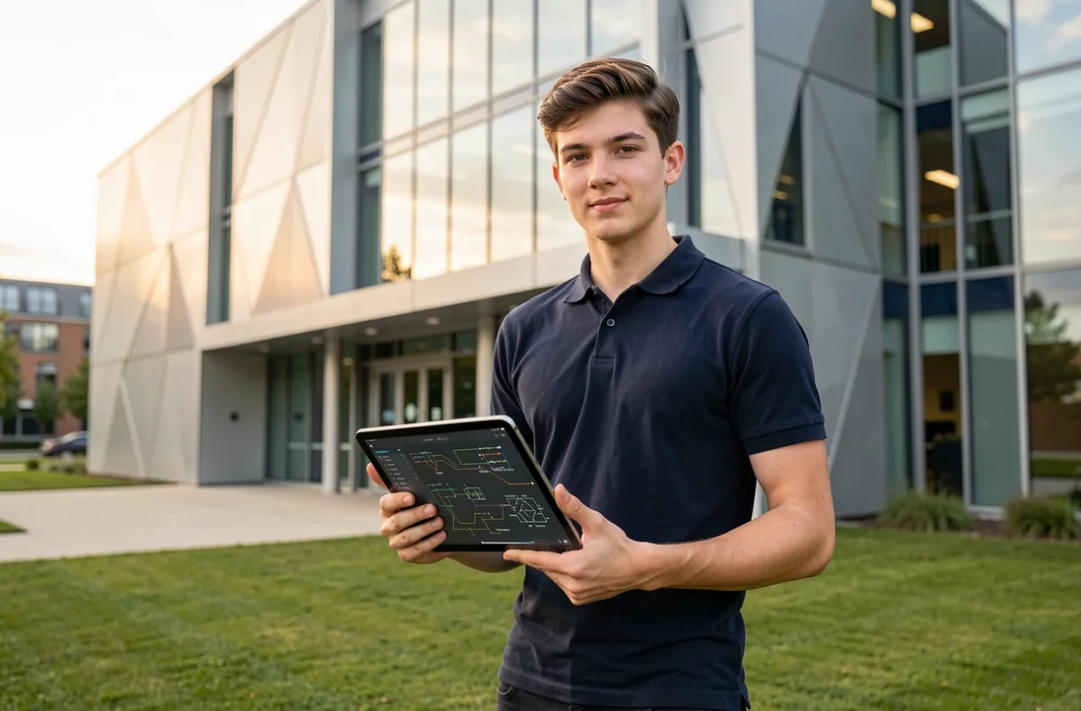 Étudiant ingénieur devant le campus moderne d'ESIEE Paris à Noisy-le-Grand