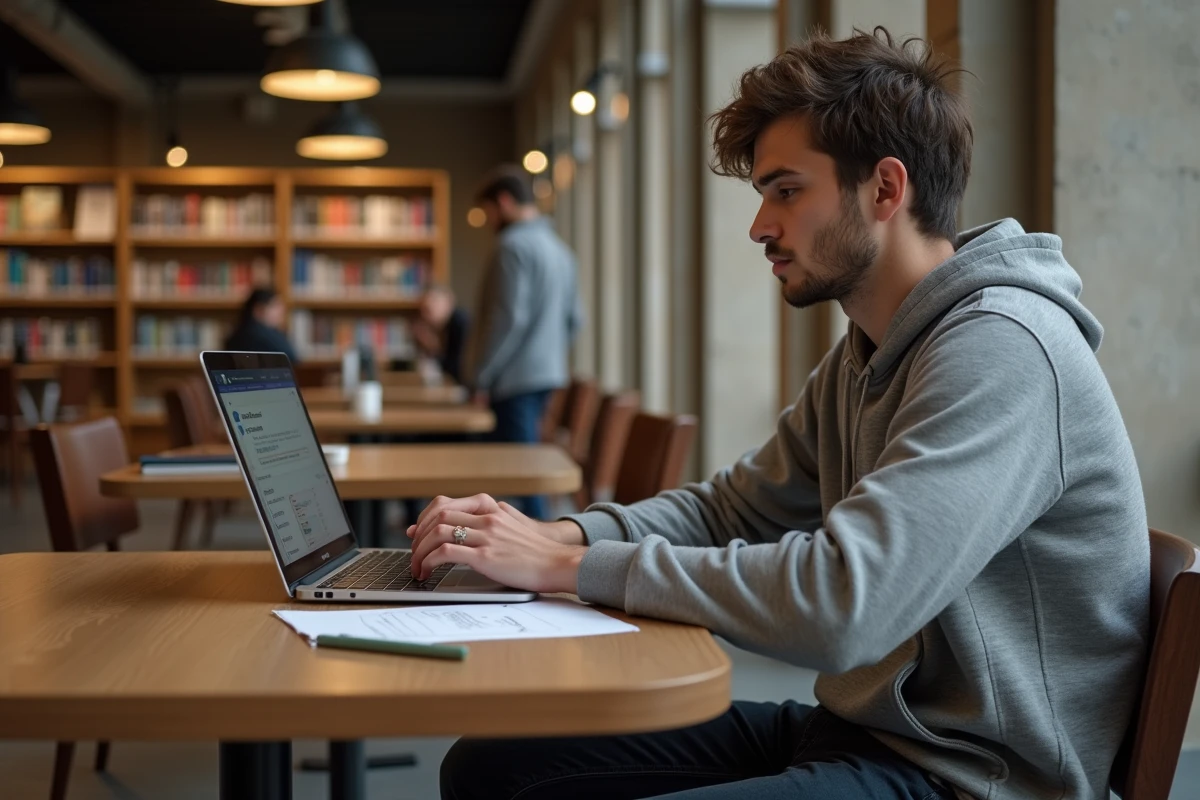 Étudiant préparant sa candidature en alternance sur un ordinateur portable dans une bibliothèque universitaire