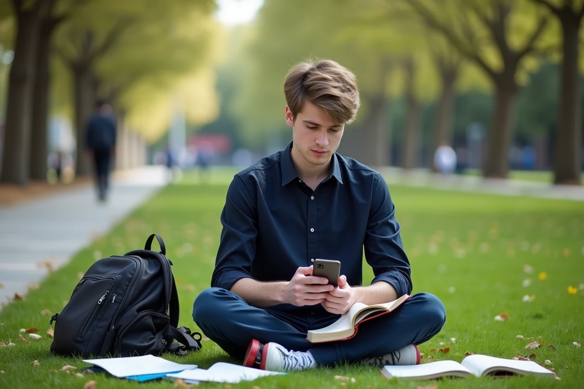 Étudiant utilisant une application de calcul de moyenne avec coefficients en plein air sur un campus