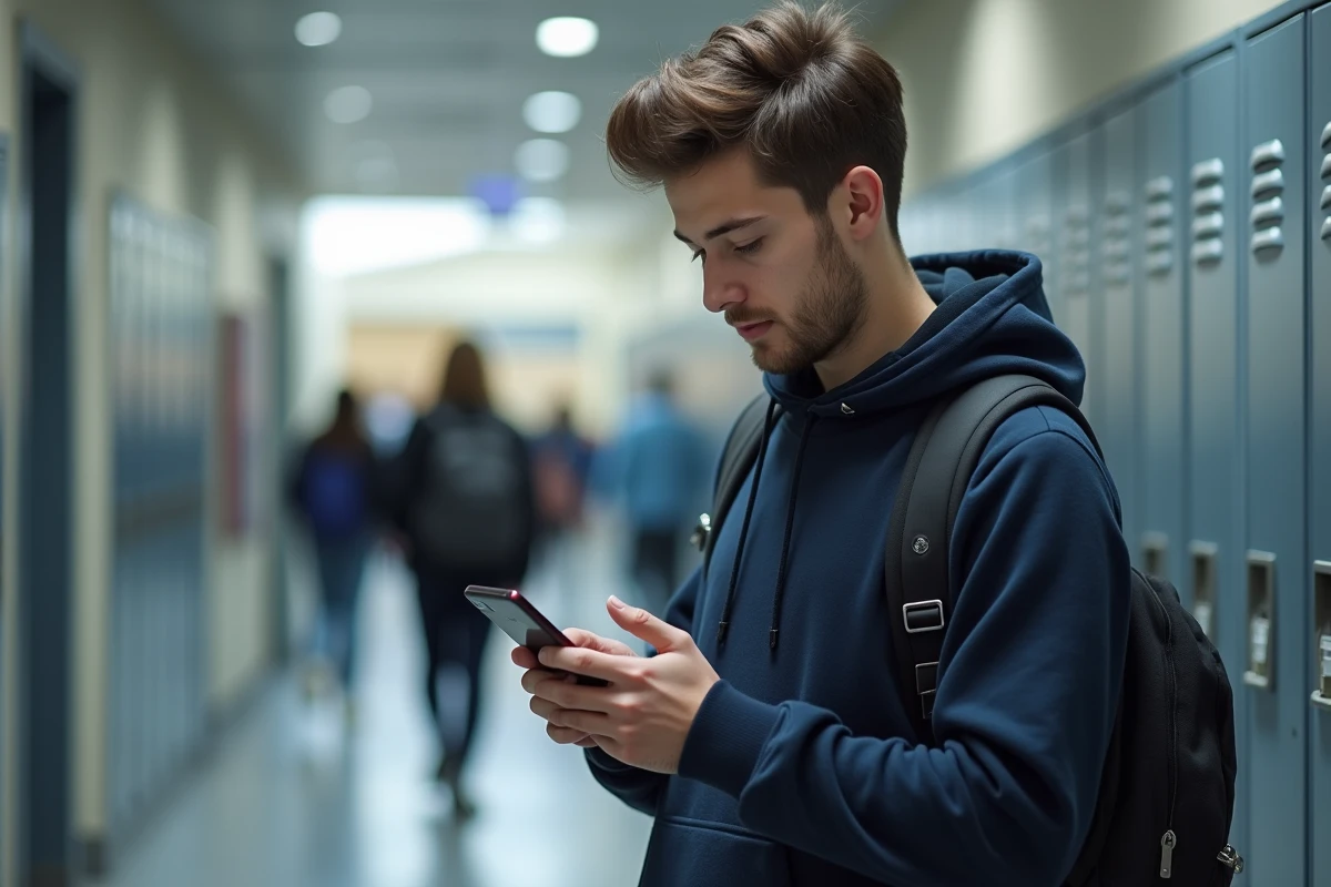 Étudiant configurant ENT Sigma sur son iPhone dans un couloir universitaire