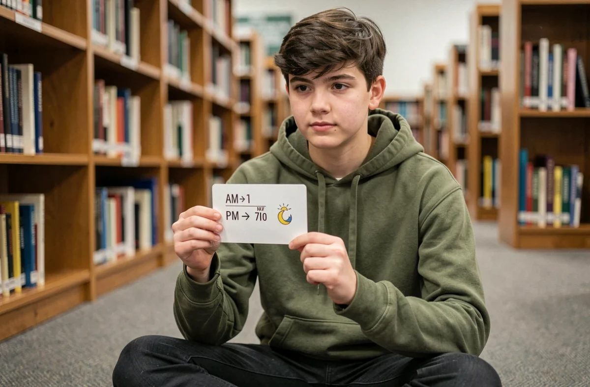 Étudiant consultant une fiche visuelle bilingue pour apprendre les notions AM et PM en anglais à la bibliothèque