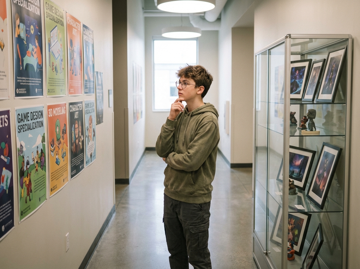 Étudiant regardant des posters de jeux vidéo dans un couloir