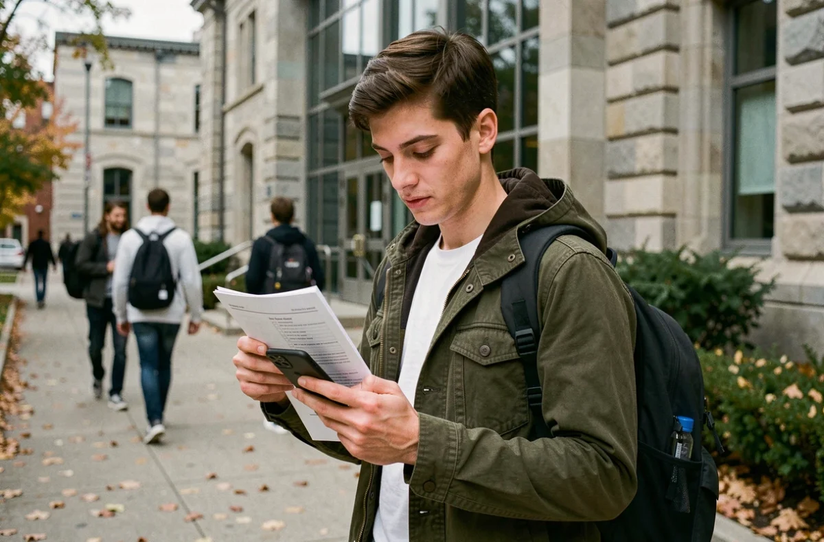Étudiant consultant les étapes d'inscription e-candidat sur son téléphone devant le campus universitaire de la Sorbonne Nouvelle