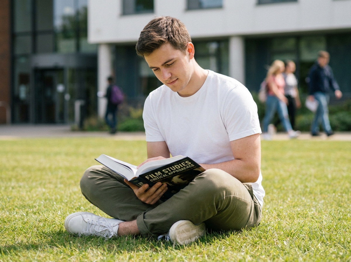 Jeune étudiant lisant un manuel de cinéma sur le campus d'une école spécialisée