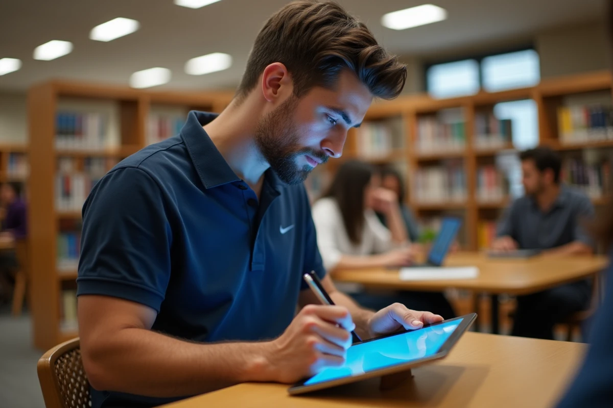Étudiant consultant son portail mjmcloud sur tablette dans une bibliothèque universitaire moderne