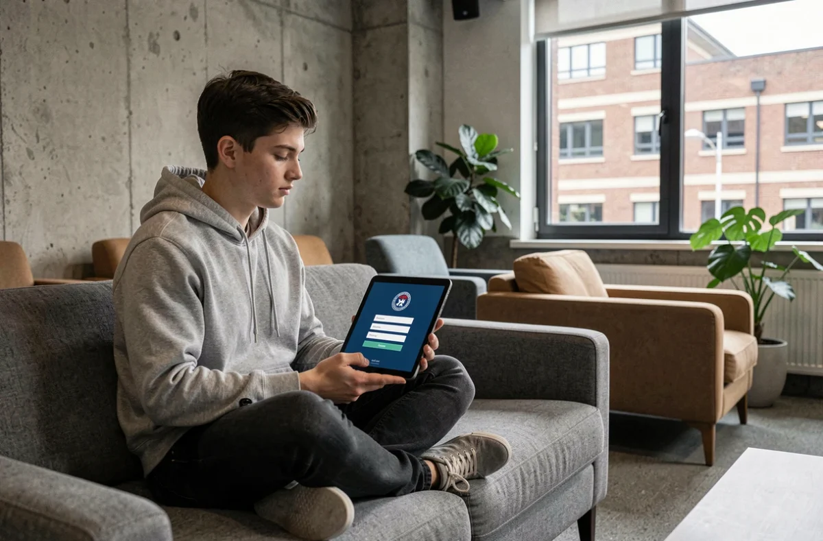 Étudiant masculin consultant le portail numérique de son école de commerce sur une tablette dans un espace commun moderne