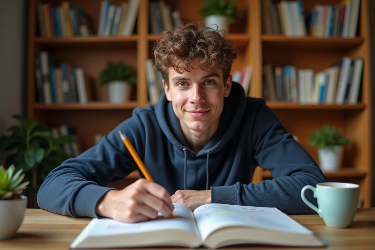 Étudiant révisant la conjugaison espagnole à l'imparfait dans son espace de travail à domicile