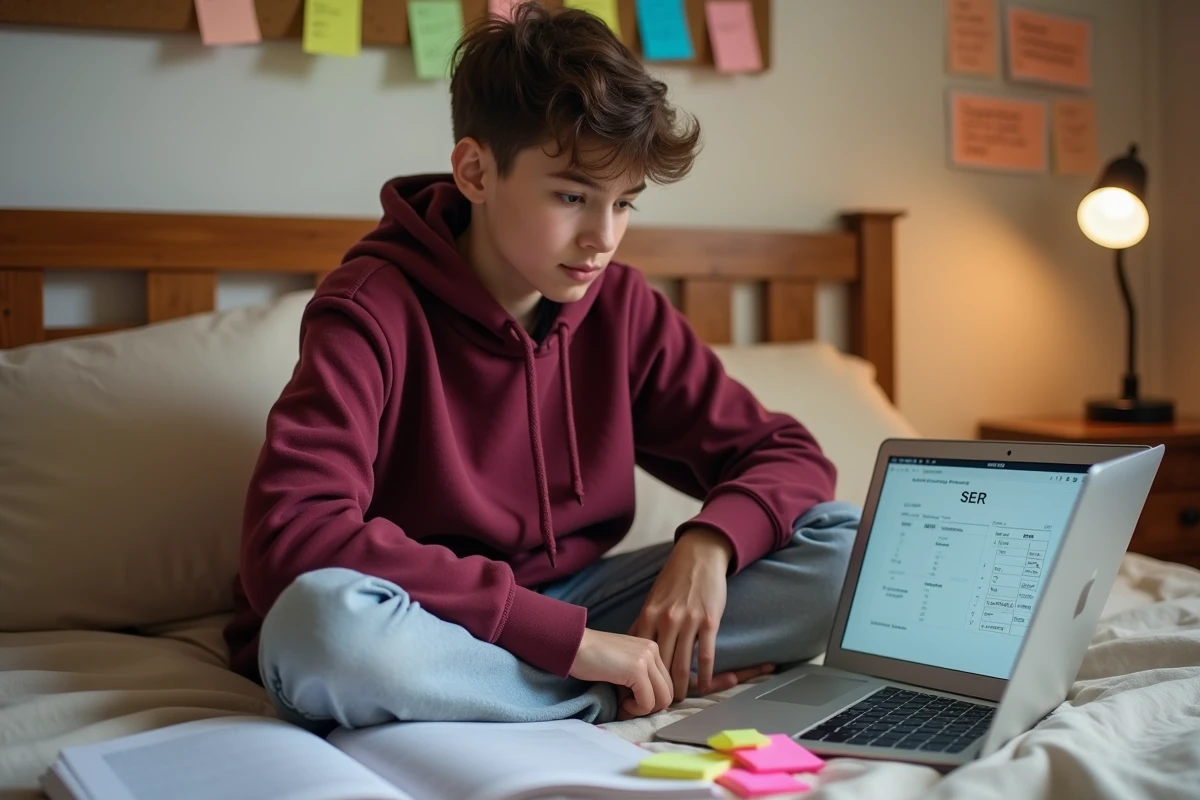 Adolescent révisant les conjugaisons du verbe SER en espagnol avec un manuel et un ordinateur portable dans sa chambre