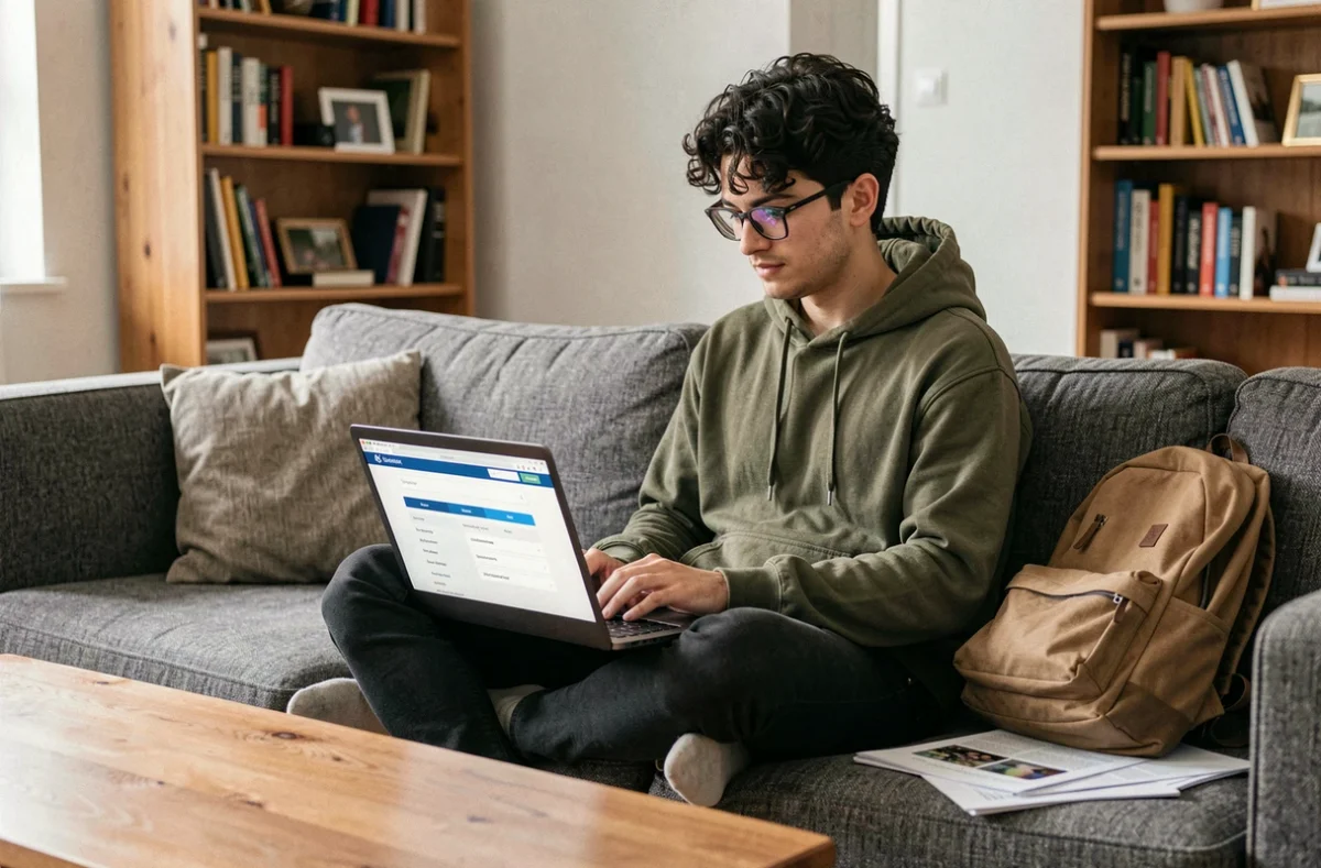 Étudiant en télétravail consultant un espace numérique de services éducatifs depuis son canapé
