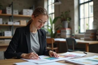 Étudiante en alternance dans un studio de design à Paris consultant des maquettes imprimées et des nuanciers sur une table de travail en bois