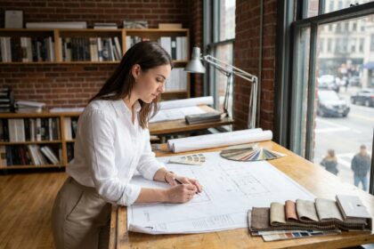 Étudiante en architecture d'intérieur travaillant sur des plans dans un studio de design professionnel