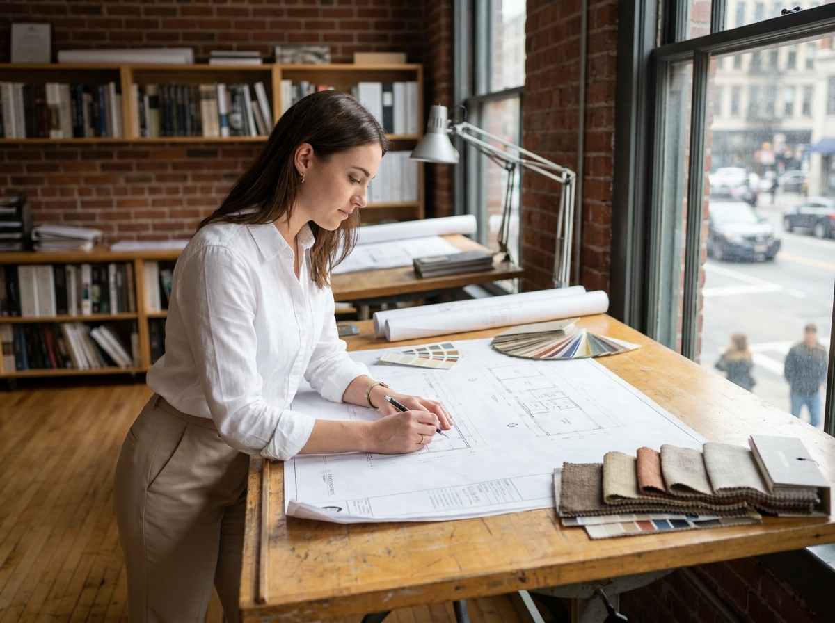 Étudiante en architecture d'intérieur travaillant sur des plans dans un studio de design professionnel
