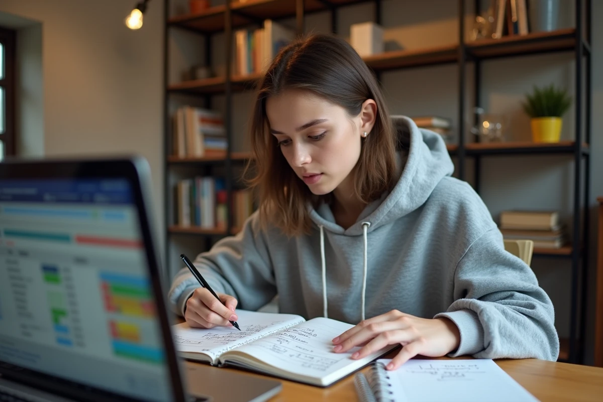 Étudiante calculant sa moyenne pondérée avec coefficient dans un carnet de notes à son bureau