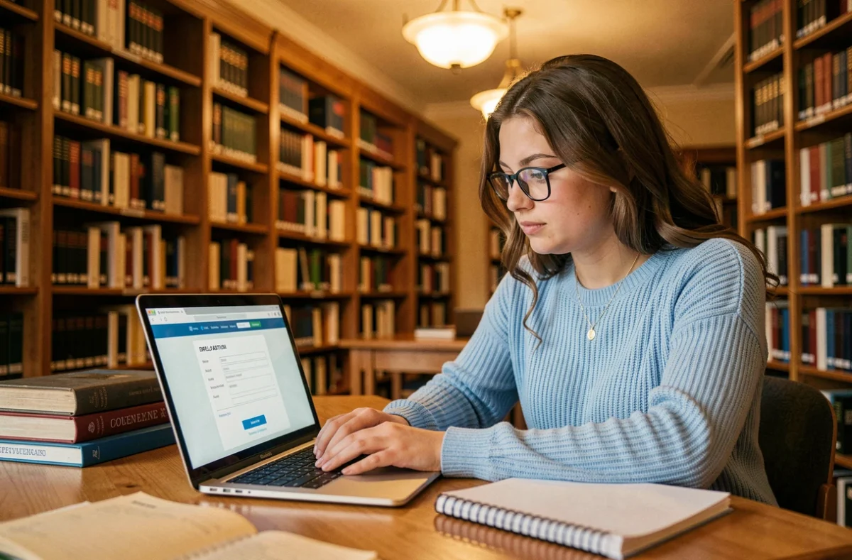 Étudiante remplissant un dossier de candidature en ligne sur e-candidat Sorbonne Nouvelle dans une bibliothèque universitaire