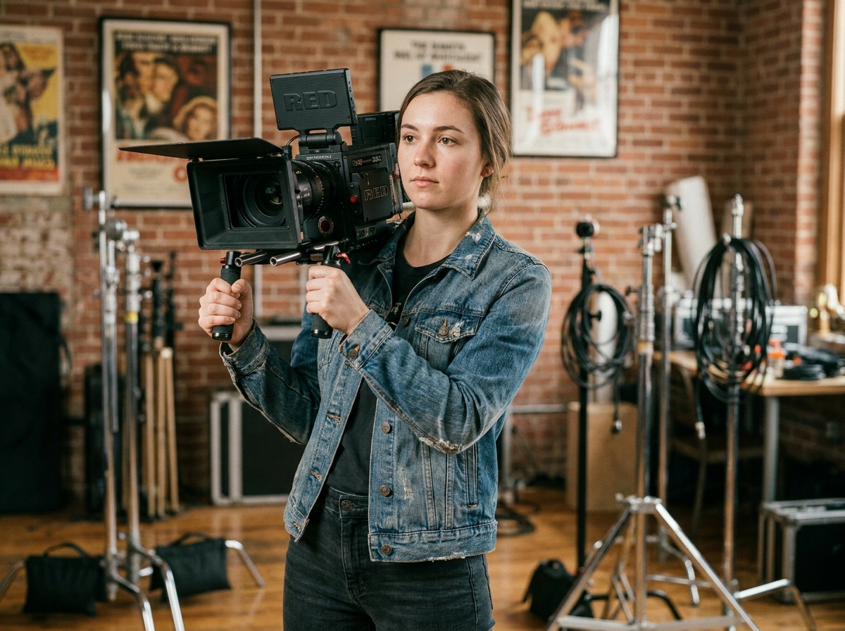 Étudiante en école de cinéma tenant une caméra professionnelle dans un studio de tournage
