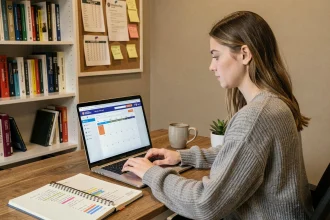 Étudiante travaillant sur l'ENT de l'IUT de Bourges depuis son bureau à domicile avec un ordinateur portable et des notes manuscrites