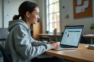 Étudiante naviguant sur son espace numérique universitaire mjmcloud depuis son bureau en résidence étudiante