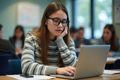 Jeune étudiante concentrée sur son ordinateur portable en étude