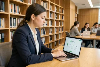 Étudiante en école de commerce accédant à l'extranet ESG sur son ordinateur portable dans une bibliothèque universitaire moderne
