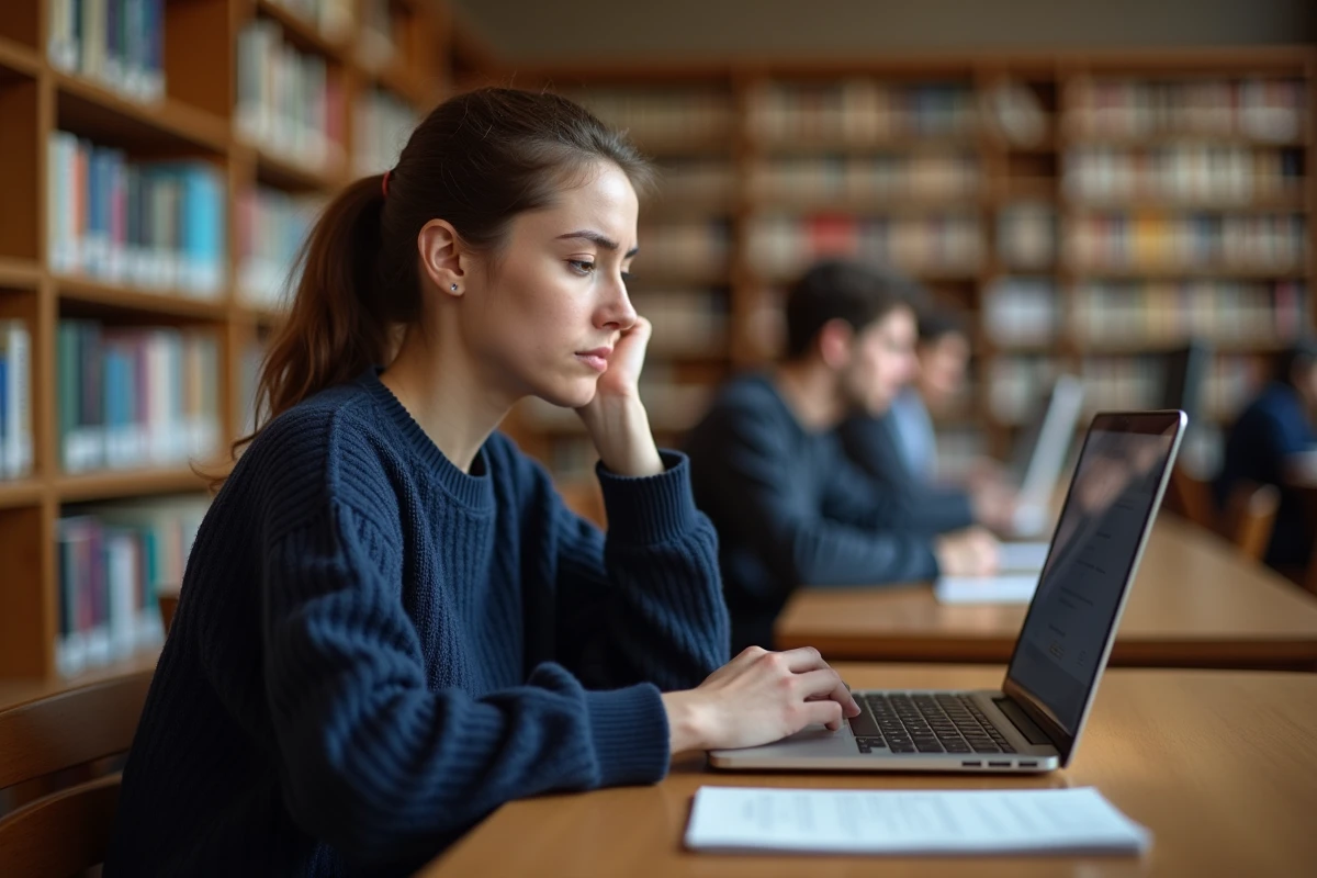Étudiante remplissant son dossier d'inscription en ligne sur un ordinateur portable dans une bibliothèque universitaire